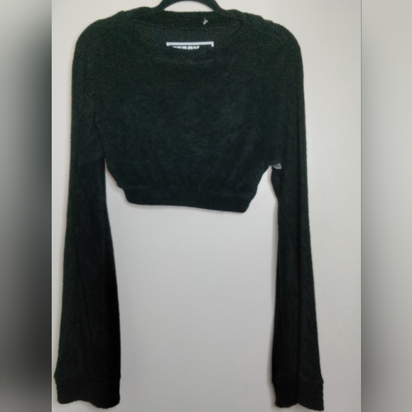Terry by Simon Miller (Size S) Black Stretch Wide Long Sleeves Terry Crop Top - Picture 1 of 11